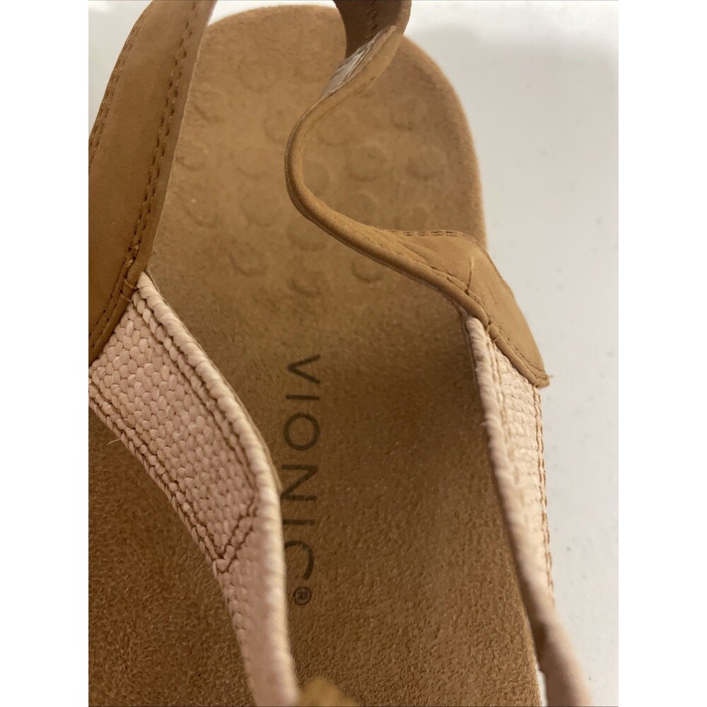 Vionic Brea Camel Tan & Beige leather & textile T-strap sandals 12W/43 - Picture 6 of 16